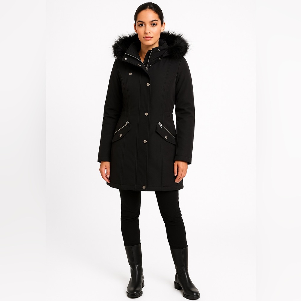 Chic Hooded Faux Fur Jacket Side Corset Style Details Sophisticated Trendy Small
